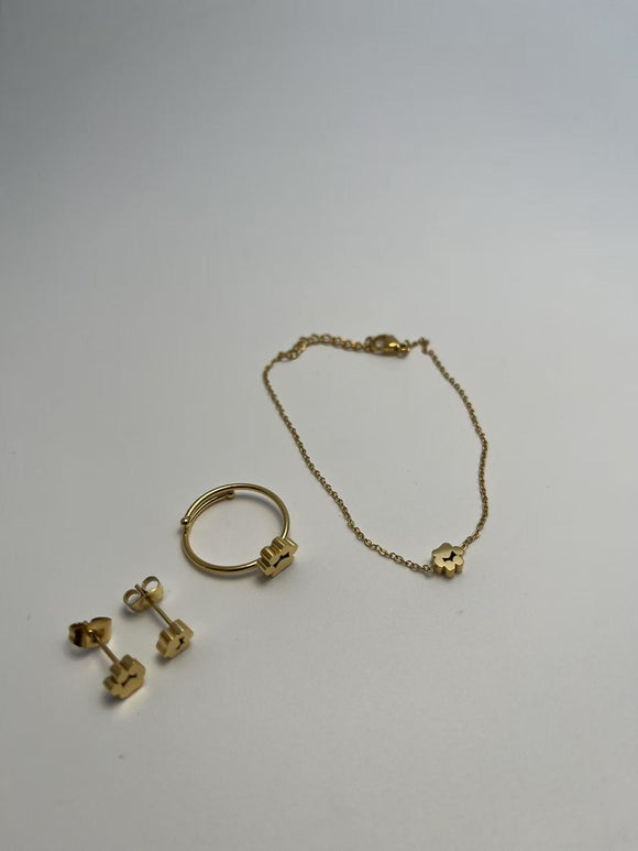 Guldbelagt Blomst Armbånd, Ring og Øreringe Sæt - Simpelt og Fint